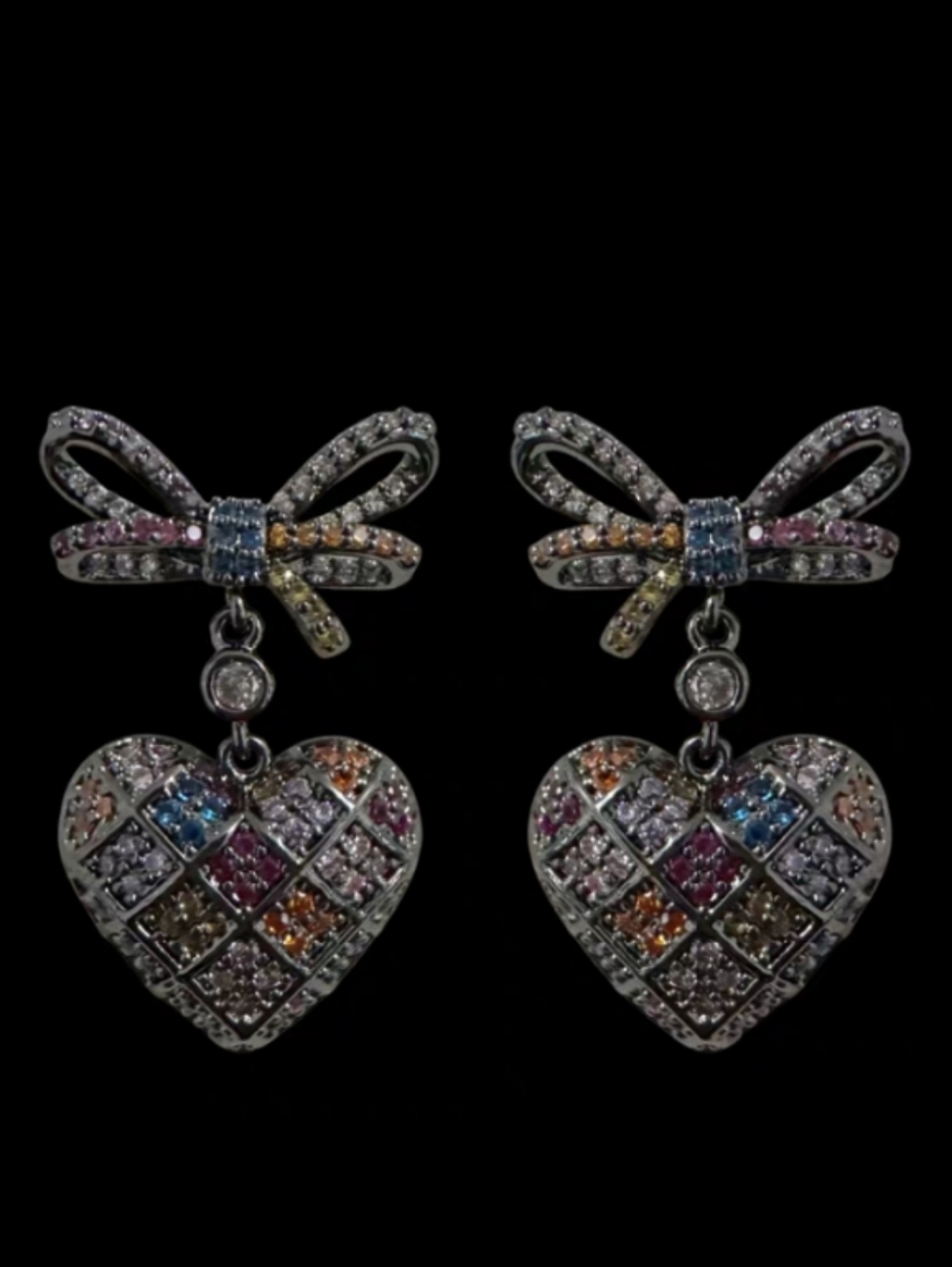 Chic Bow & Quilted Heart Drop Earrings - Edgy Romance